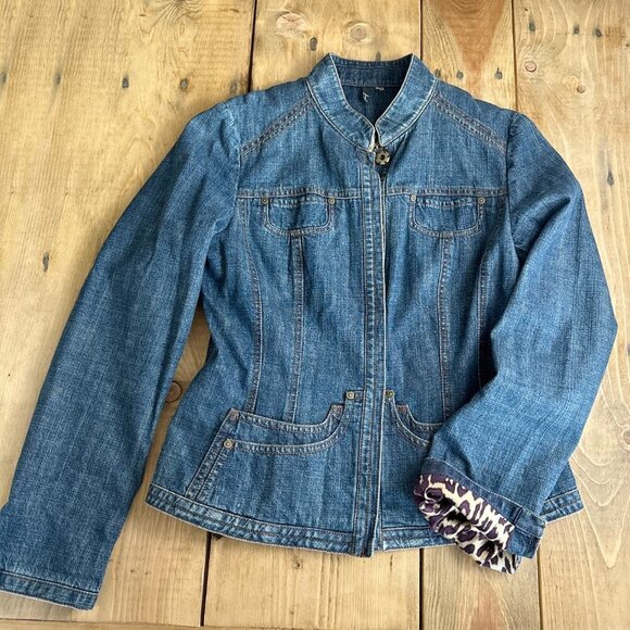 Tahari Denim Jacket Leopard Print interior Structured Nice! S - Picture 5 of 8